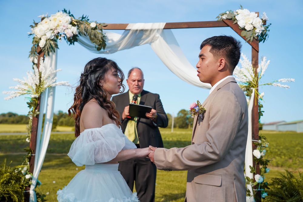 Outdoor wedding ceremony arch at a farm venue near Windsor
